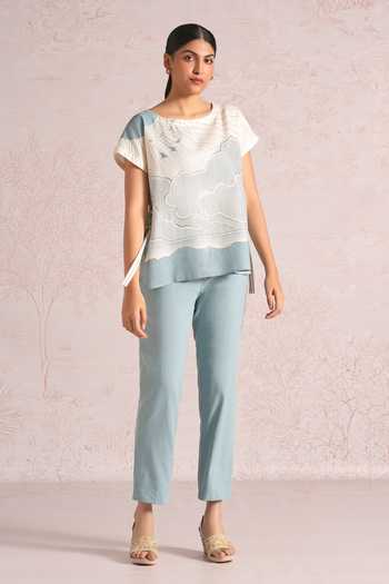 Kaveri_Blue Linen Foil Printing Boat Neck Silver Zoya Top _Online_at_Aza_Fashions