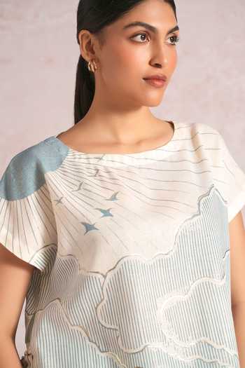 Buy_Kaveri_Blue Linen Foil Printing Boat Neck Silver Zoya Top _Online_at_Aza_Fashions