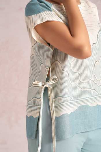 Shop_Kaveri_Blue Linen Foil Printing Boat Neck Silver Zoya Top _Online_at_Aza_Fashions