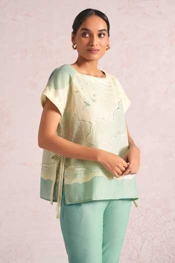 Buy_Kaveri_Green Linen Foil Printing Boat Neck Silver Zoya Top And Pant Set _Online_at_Aza_Fashions
