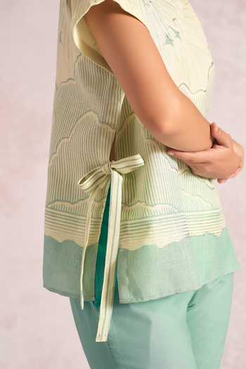 Shop_Kaveri_Green Linen Foil Printing Boat Neck Silver Zoya Top And Pant Set _Online_at_Aza_Fashions
