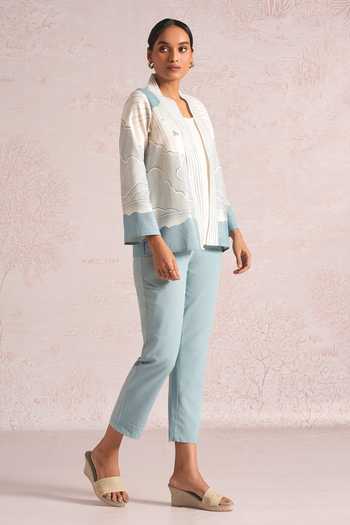 Kaveri_Blue Linen Foil Printing Shawl Neck Silver Lylah Jacket _Online_at_Aza_Fashions