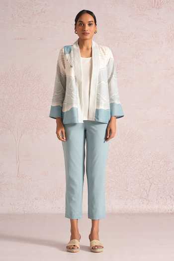 Buy_Kaveri_Blue Linen Foil Printing Shawl Neck Silver Lylah Jacket _Online_at_Aza_Fashions