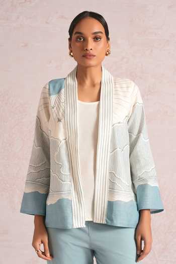 Shop_Kaveri_Blue Linen Foil Printing Shawl Neck Silver Lylah Jacket _Online_at_Aza_Fashions