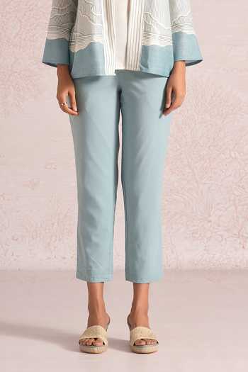 Kaveri_Blue Linen Foil Printing Shawl Neck Silver Lylah Jacket And Pant Set _Online_at_Aza_Fashions