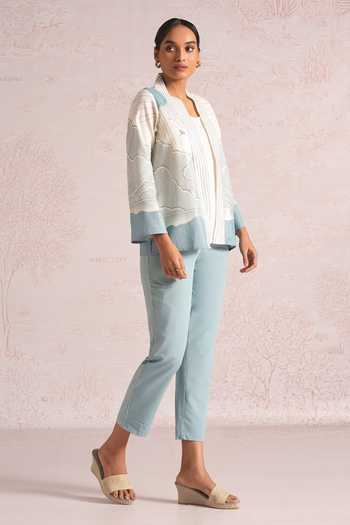 Buy_Kaveri_Blue Linen Foil Printing Shawl Neck Silver Lylah Jacket And Pant Set _Online_at_Aza_Fashions