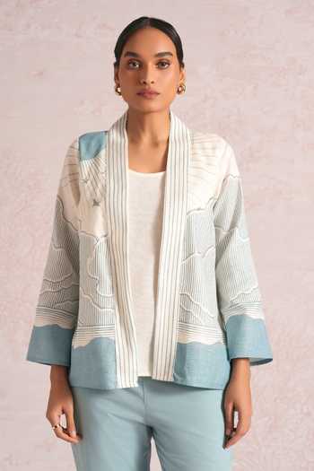 Shop_Kaveri_Blue Linen Foil Printing Shawl Neck Silver Lylah Jacket And Pant Set _Online_at_Aza_Fashions