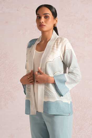 Kaveri_Blue Linen Foil Printing Shawl Neck Silver Lylah Jacket And Pant Set _at_Aza_Fashions