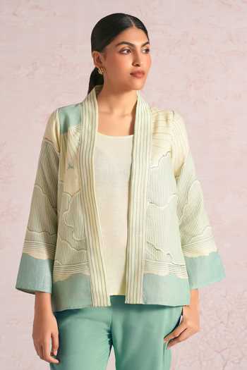 Kaveri_Green Linen Foil Printing Shawl Neck Silver Lylah Jacket _Online_at_Aza_Fashions