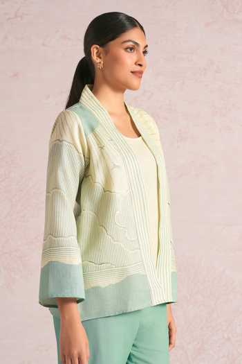 Buy_Kaveri_Green Linen Foil Printing Shawl Neck Silver Lylah Jacket _Online_at_Aza_Fashions