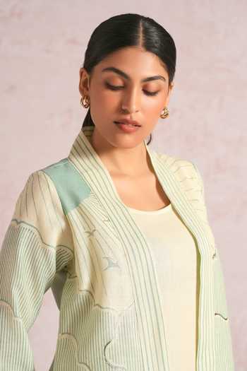 Shop_Kaveri_Green Linen Foil Printing Shawl Neck Silver Lylah Jacket _Online_at_Aza_Fashions