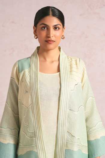 Kaveri_Green Linen Foil Printing Shawl Neck Silver Lylah Jacket _at_Aza_Fashions