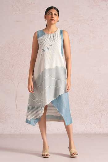 Kaveri_Blue Linen Foil Printing Round Neck Silver Lining Vanessa Dress _Online_at_Aza_Fashions