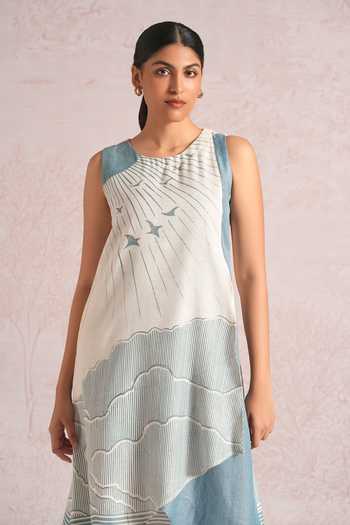 Buy_Kaveri_Blue Linen Foil Printing Round Neck Silver Lining Vanessa Dress _Online_at_Aza_Fashions
