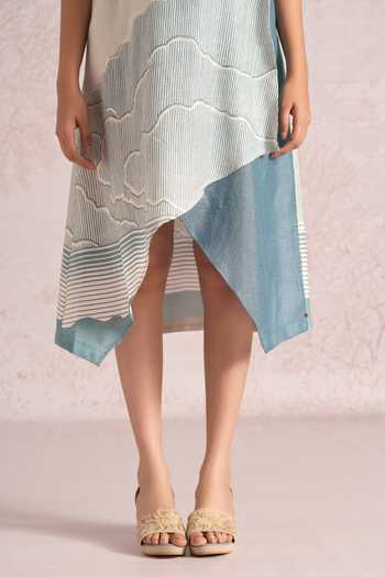 Shop_Kaveri_Blue Linen Foil Printing Round Neck Silver Lining Vanessa Dress _Online_at_Aza_Fashions