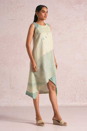 Kaveri_Green Linen Foil Printing Round Neck Silver Vanessa Dress _Online_at_Aza_Fashions