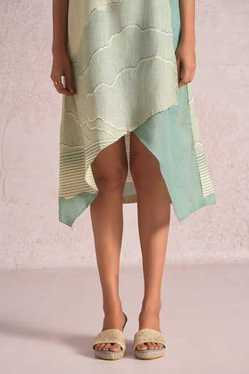 Buy_Kaveri_Green Linen Foil Printing Round Neck Silver Vanessa Dress _Online_at_Aza_Fashions