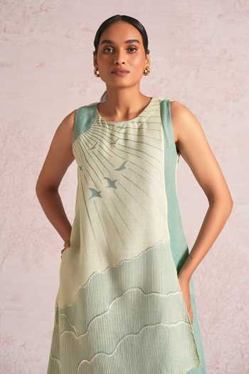Shop_Kaveri_Green Linen Foil Printing Round Neck Silver Vanessa Dress _Online_at_Aza_Fashions