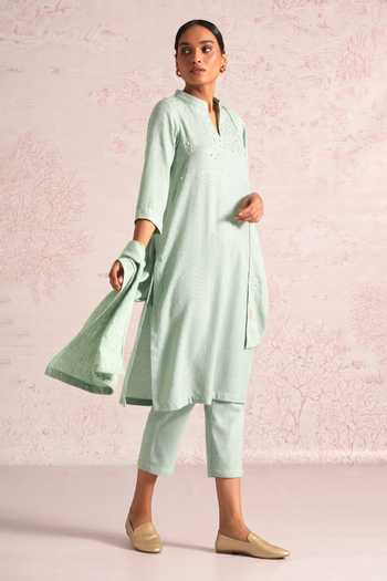Buy_Kaveri_Green Linen Embroidery, Sequins, Pearls Shimmer Strings Kurta And Pant Set _Online_at_Aza_Fashions