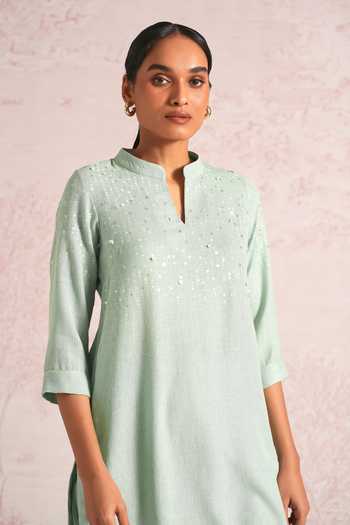 Shop_Kaveri_Green Linen Embroidery, Sequins, Pearls Shimmer Strings Kurta And Pant Set _Online_at_Aza_Fashions