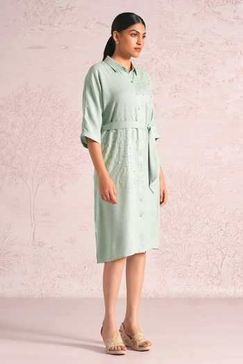 Kaveri_Blue Linen Sequins, Pearls, Foil Printing Shimmer Strings Kyra Blend Midi Dress _Online_at_Aza_Fashions