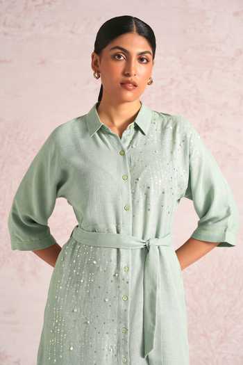 Buy_Kaveri_Blue Linen Sequins, Pearls, Foil Printing Shimmer Strings Kyra Blend Midi Dress _Online_at_Aza_Fashions