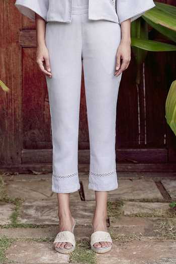 Kaveri_Grey Linen Embroidery, Tassels, Lace Summer Threads Cara Jacket And Pant Set _Online_at_Aza_Fashions