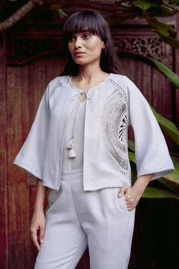 Buy_Kaveri_Grey Linen Embroidery, Tassels, Lace Summer Threads Cara Jacket And Pant Set _Online_at_Aza_Fashions