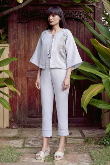 Shop_Kaveri_Grey Linen Embroidery, Tassels, Lace Summer Threads Cara Jacket And Pant Set _Online_at_Aza_Fashions