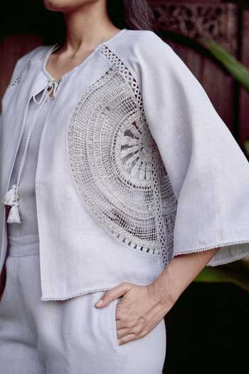 Kaveri_Grey Linen Embroidery, Tassels, Lace Summer Threads Cara Jacket And Pant Set _at_Aza_Fashions