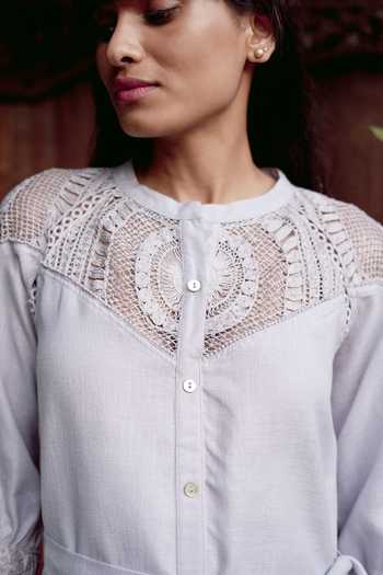 Kaveri_Grey Linen Embroidery, Lace Round Neck Summer Threads Cara Dress _Online_at_Aza_Fashions