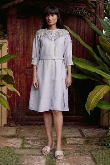 Buy_Kaveri_Grey Linen Embroidery, Lace Round Neck Summer Threads Cara Dress _Online_at_Aza_Fashions