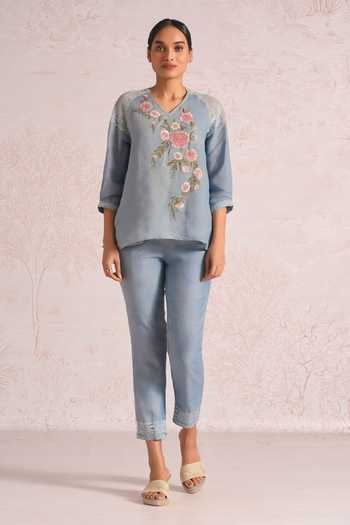 Kaveri_Blue Linen Embroidery, Lace V-neck Whimsical Garden Kismat Top _Online_at_Aza_Fashions