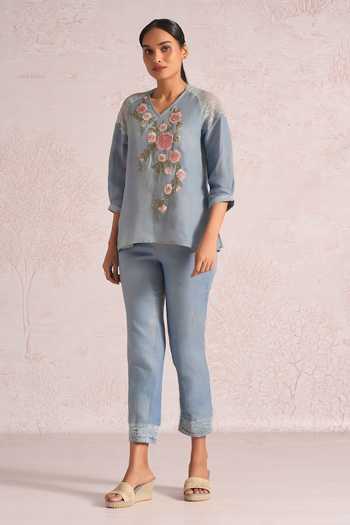 Buy_Kaveri_Blue Linen Embroidery, Lace V-neck Whimsical Garden Kismat Top _Online_at_Aza_Fashions