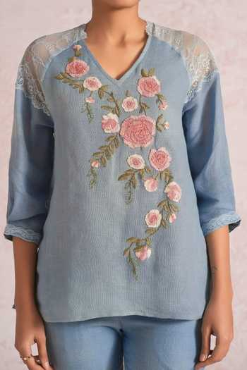 Shop_Kaveri_Blue Linen Embroidery, Lace V-neck Whimsical Garden Kismat Top _Online_at_Aza_Fashions