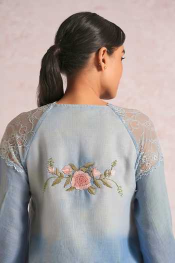 Kaveri_Blue Linen Embroidery, Lace V-neck Whimsical Garden Kismat Top _at_Aza_Fashions