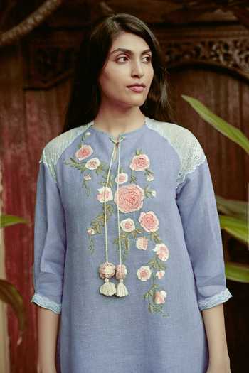 Kaveri_Blue Linen Embroidery, Tassels, Lace Round Neck Whimsical Garden Kismat Dress _Online_at_Aza_Fashions