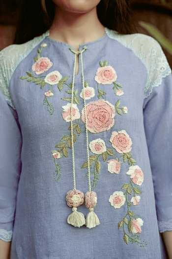 Buy_Kaveri_Blue Linen Embroidery, Tassels, Lace Round Neck Whimsical Garden Kismat Dress _Online_at_Aza_Fashions