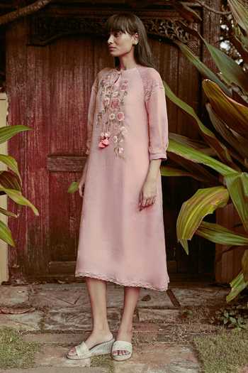 Kaveri_Pink Linen Embroidery, Tassels, Lace Round Neck, Whimsical Garden Kismat Dress _Online_at_Aza_Fashions