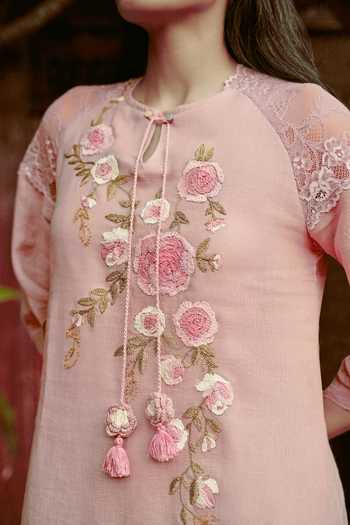 Buy_Kaveri_Pink Linen Embroidery, Tassels, Lace Round Neck, Whimsical Garden Kismat Dress _Online_at_Aza_Fashions
