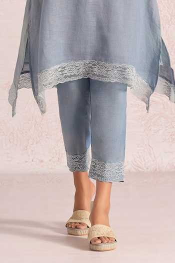 Kaveri Blue Linen Embroidery, Lace V-neck Whimsical Garden Fly Tunic And Pant Set Online at Aza Fashions Kaveri_Blue Linen Embroidery, Lace V-neck Whimsical Garden Fly Tunic And Pant Set _Online_at_Aza_Fashions