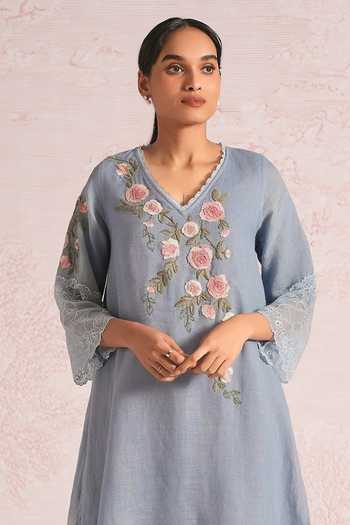 Buy Kaveri Blue Linen Embroidery, Lace V-neck Whimsical Garden Fly Tunic And Pant Set Online at Aza Fashions Buy_Kaveri_Blue Linen Embroidery, Lace V-neck Whimsical Garden Fly Tunic And Pant Set _Online_at_Aza_Fashions