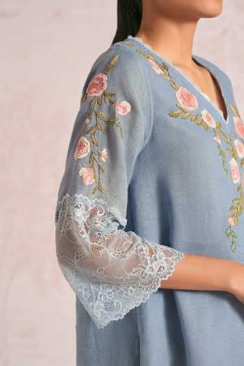 Shop Kaveri Blue Linen Embroidery, Lace V-neck Whimsical Garden Fly Tunic And Pant Set Online at Aza Fashions Shop_Kaveri_Blue Linen Embroidery, Lace V-neck Whimsical Garden Fly Tunic And Pant Set _Online_at_Aza_Fashions