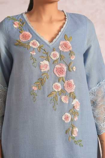 Kaveri Blue Linen Embroidery, Lace V-neck Whimsical Garden Fly Tunic And Pant Set at Aza Fashions Kaveri_Blue Linen Embroidery, Lace V-neck Whimsical Garden Fly Tunic And Pant Set _at_Aza_Fashions