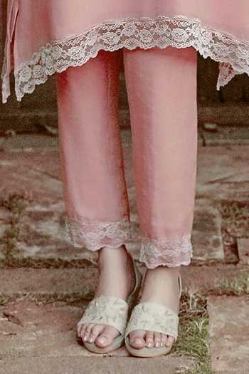 Kaveri_Pink Linen Embroidery, Lace V-neck, Whimsical Garden Fly Free Blend Tunic Set _Online_at_Aza_Fashions