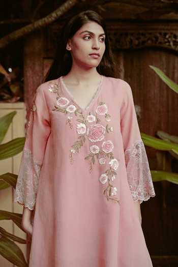 Shop_Kaveri_Pink Linen Embroidery, Lace V-neck, Whimsical Garden Fly Free Blend Tunic Set _Online_at_Aza_Fashions