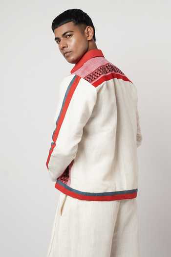 Shwetanga_Red Linen Ombre Naga Shacket And Pant Set _Online_at_Aza_Fashions