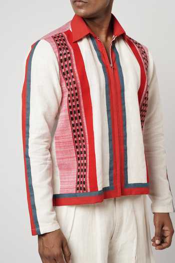 Shwetanga_Red Linen Ombre Naga Shacket And Pant Set _at_Aza_Fashions