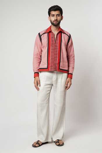 Buy_Shwetanga_Red Silk, Cotton Naga Gamcha Colorblock Bomber Shacket Set _Online_at_Aza_Fashions