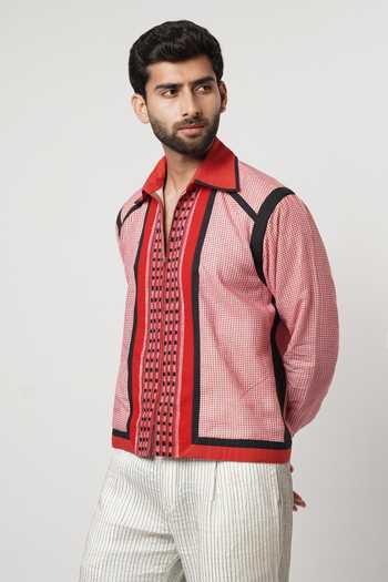 Shop_Shwetanga_Red Silk, Cotton Naga Gamcha Colorblock Bomber Shacket Set _Online_at_Aza_Fashions